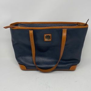 Dooney & Bourke Navy Blue Pebbled Leather Brown Trim Zip Top Shoulder Purse